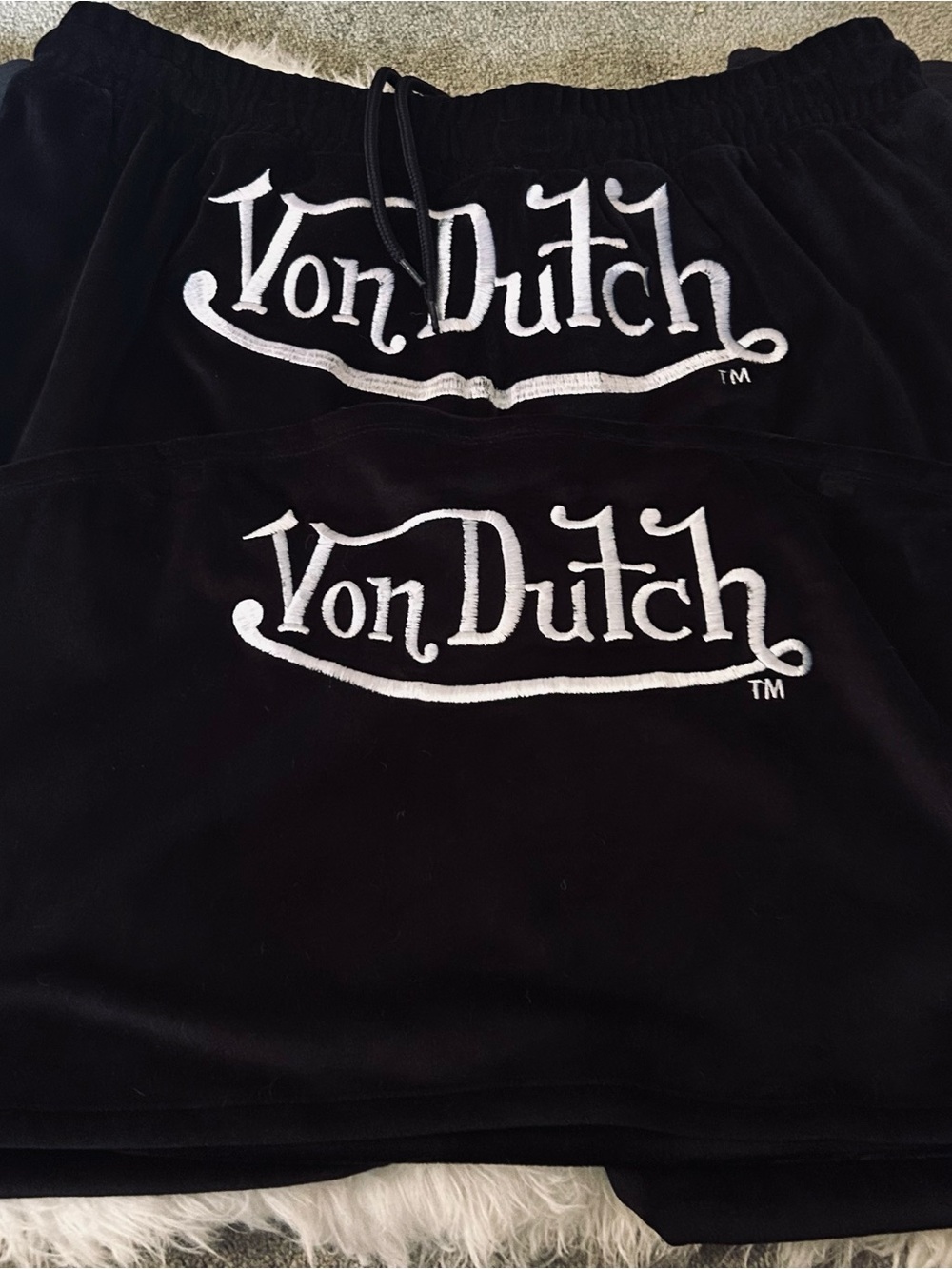 Von Dutch Black Velour Wide Leg Pants with White Logo & Tub Top Matching Set.